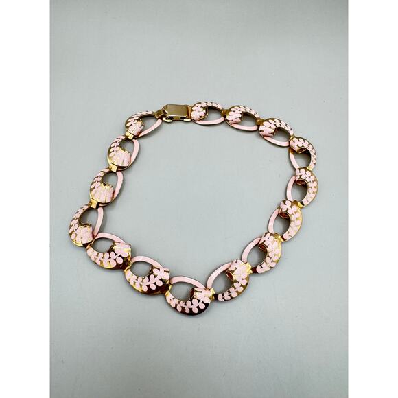 Vintage Pink Painted Floral Design and Gold Tone Link Choker Necklace - Picture 3 of 8